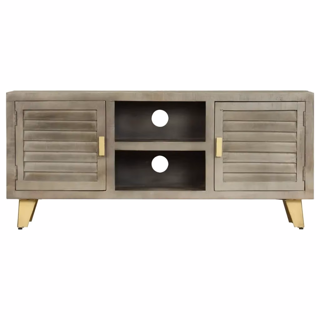 Mobile TV in legno di mango grigio e dettagli oro, stile retro, L 110 cm x P 30 cm x H 48 cm – 2