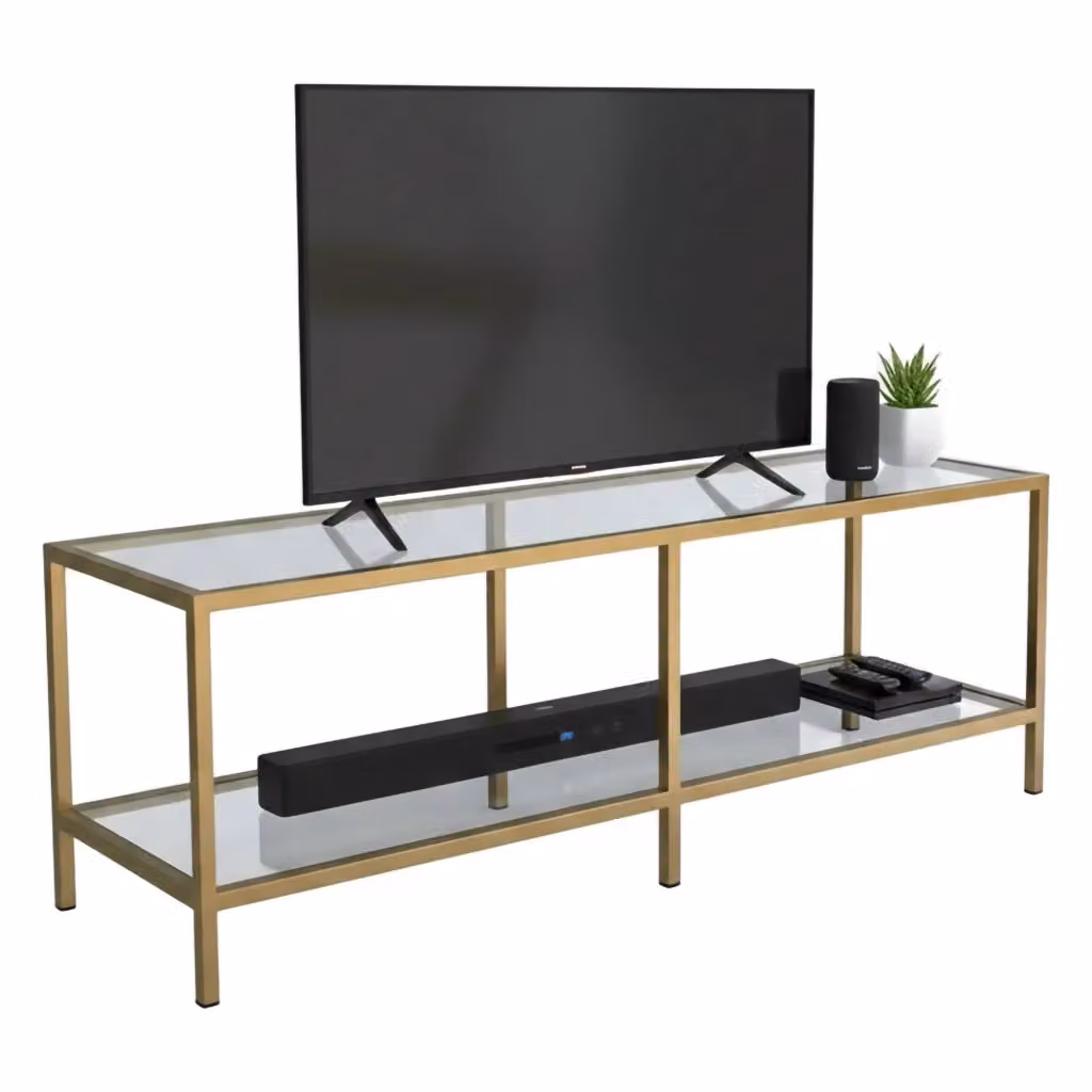 Mobile porta TV Donata DMORA, Credenza da soggiorno moderna in oro con dettagli in vetro e metallo, L: 130 cm, P: 40 cm, H: 45 cm – 2
