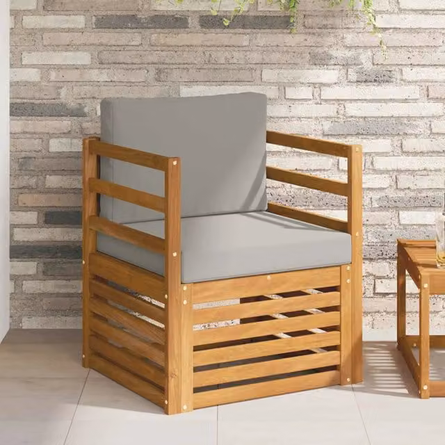 Divano da esterno moderno in legno di acacia massello e tessuto resistente ai raggi UV grigio con cuscini inclusi