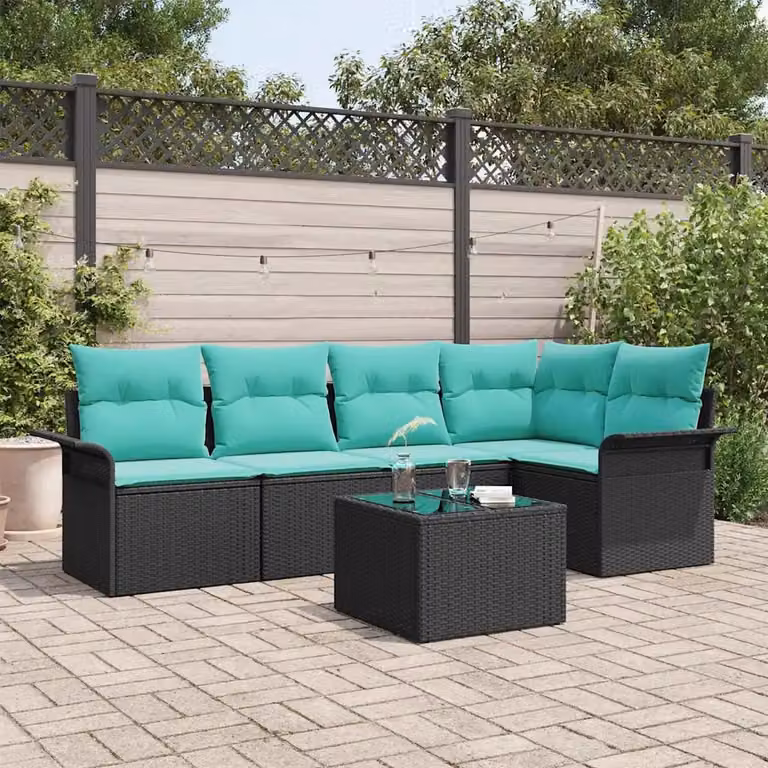 Set Divano da Giardino vidaXL 6 pz a Forma a L con Cuscini e Tavolino, Struttura in Metallo e Polyrattan, Colore Nero e Blu