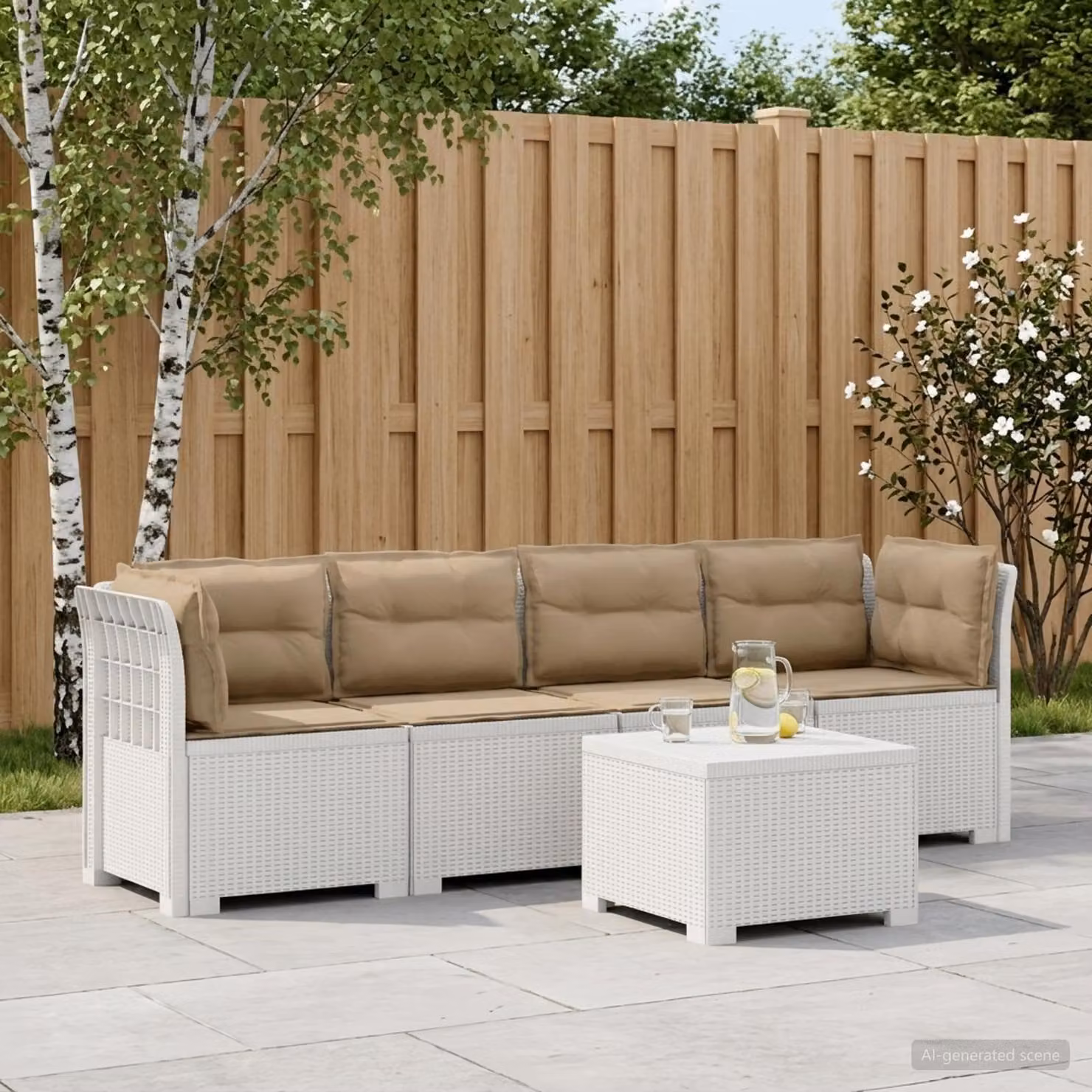Set da giardino vidaXL moderno con divano da esterno, elemento angolare, tavolino da caffè e cuscini beige o bianchi in stile rattan resistente alle intemperie