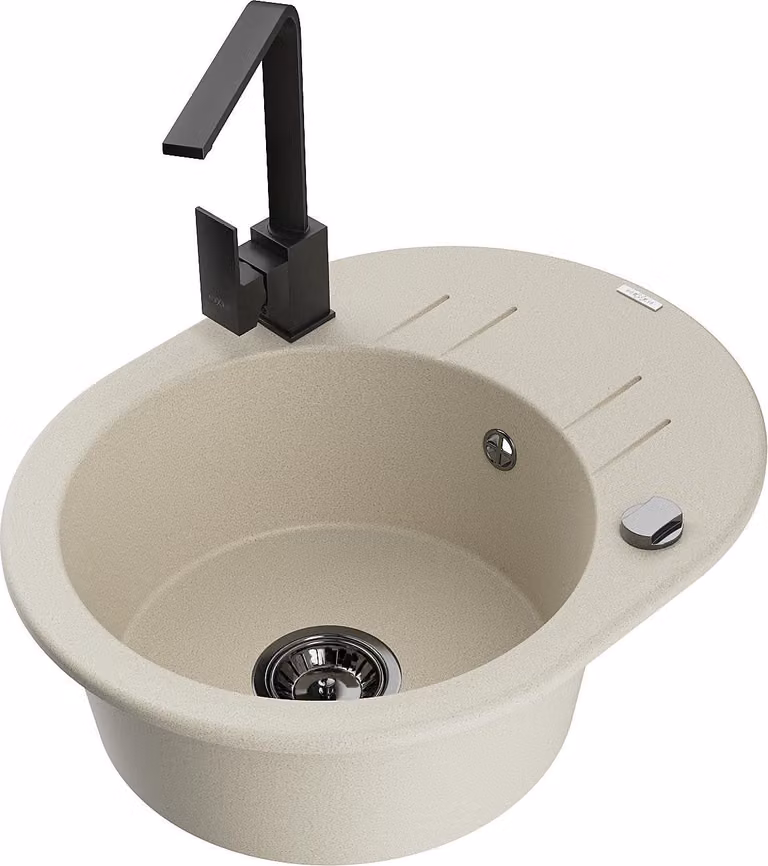 Mexen Kevin lavello in granito 1-vasca con sgocciolatoio e rubinetto cucina Rita, beige - 6517-69-670300-70