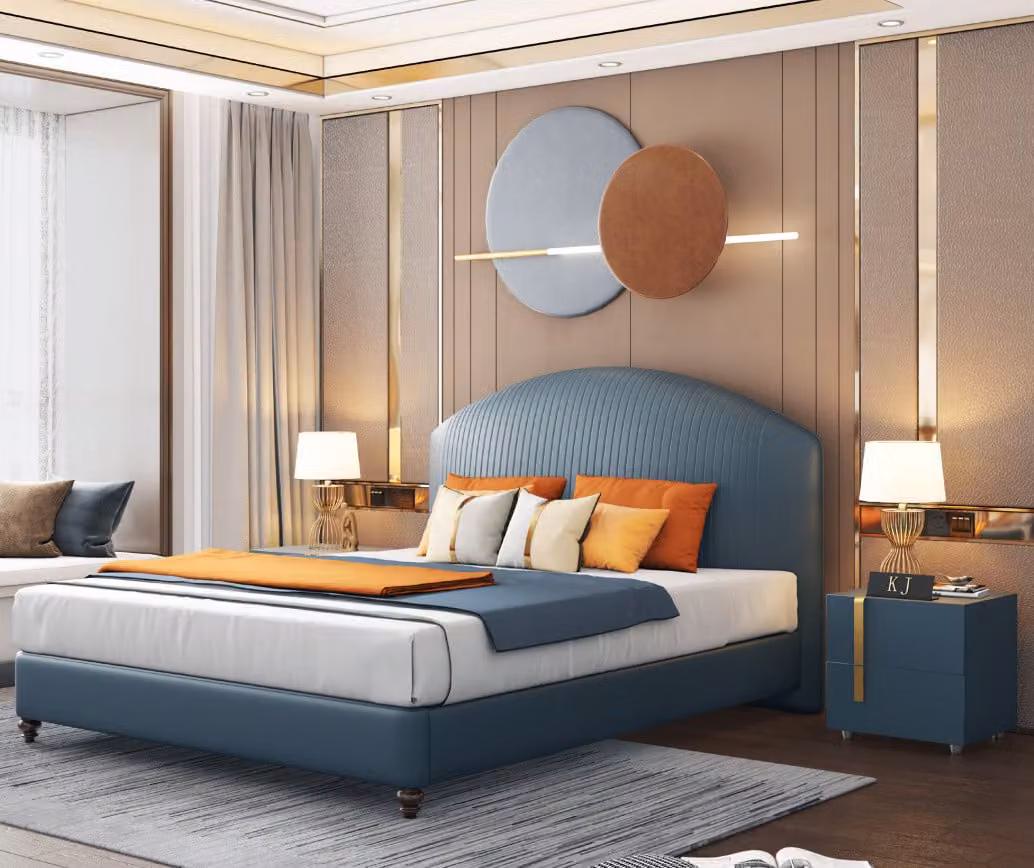 Bett Polster Design Luxus Metall Doppel Betten Ehe Schlaf Zimmer Blau Hotel