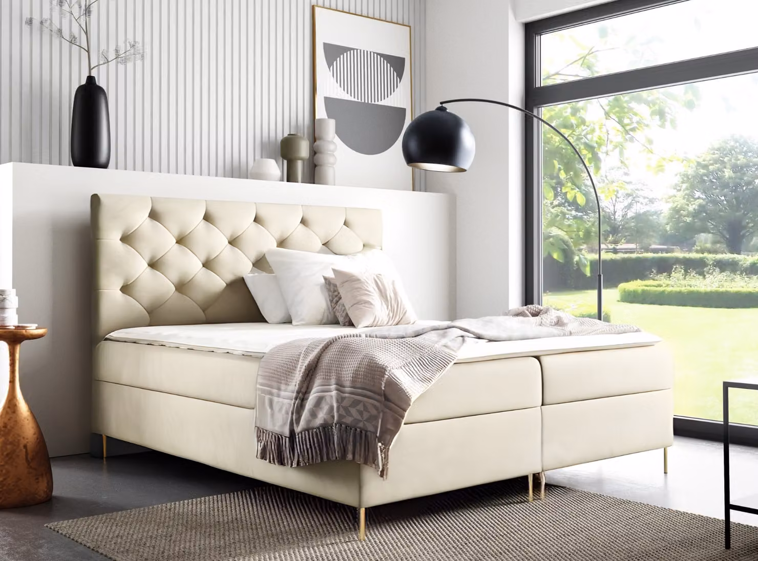 GUTTO Letto con materasso a molle LIDIA 180 x 200 cm 2x Contenitore TOPPER 5cm libero velluto beige gambe alte dorate