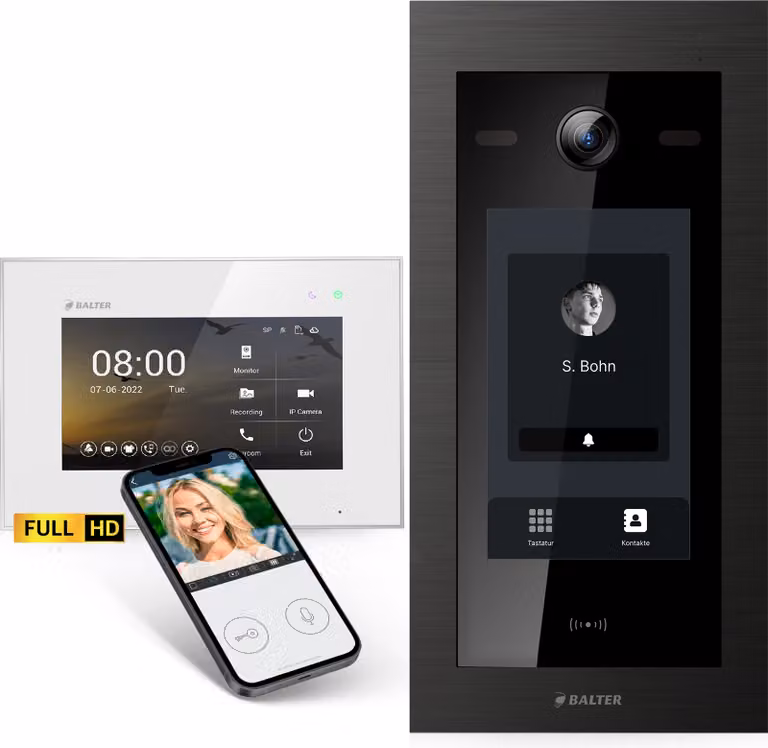 Videocitofono Balter EVO-HD con touchscreen nero, app per smartphone, casa 1 famiglia, monitor 4x 7 pollici, campanello con telecamera Full HD, bus a 2 fili
