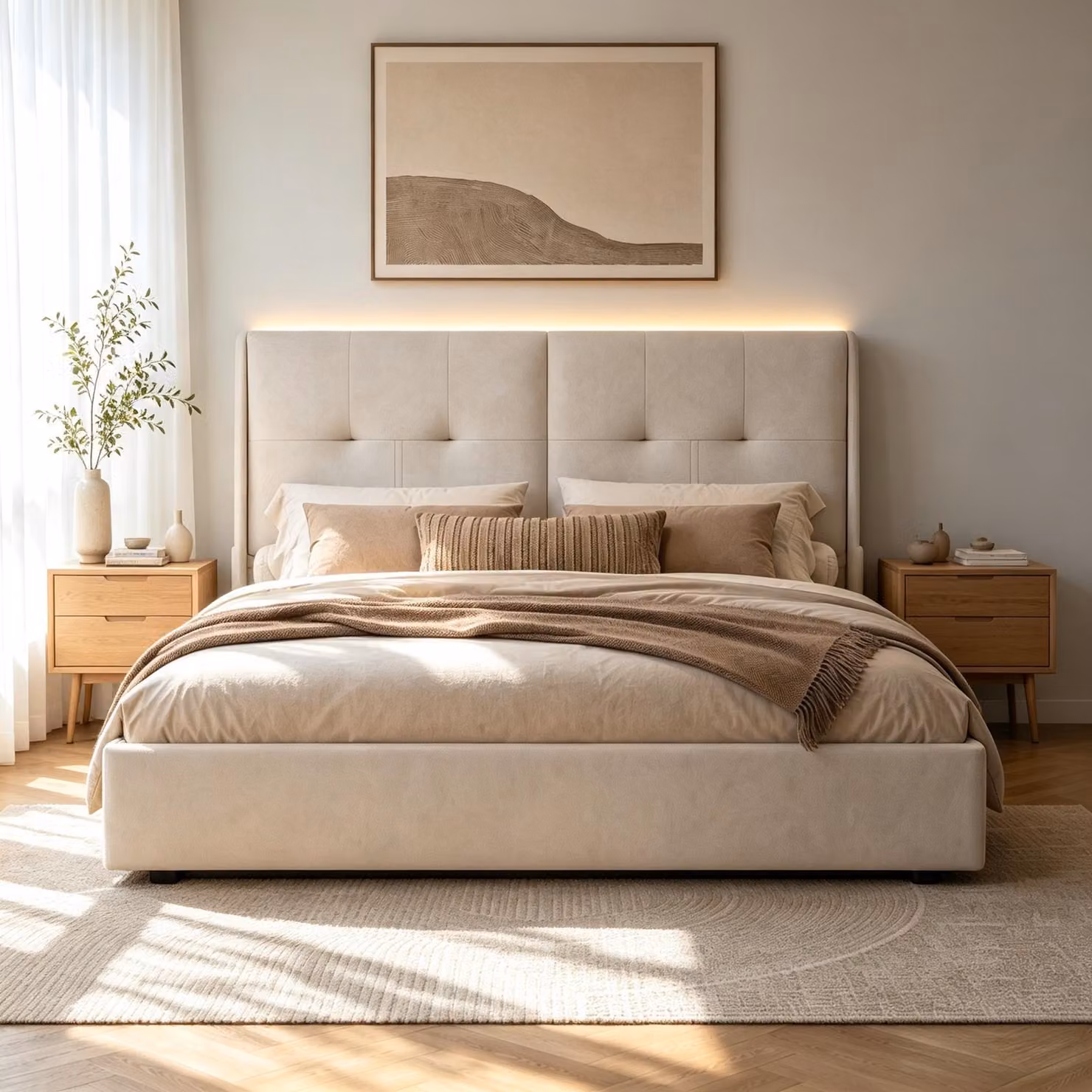 Letto con boxspring INONEFT, 140x200 cm, con illuminazione a LED, spazio contenitore con sistema idraulico, struttura imbottita, contenitore, rete a doghe, colore beige, tessuto velluto