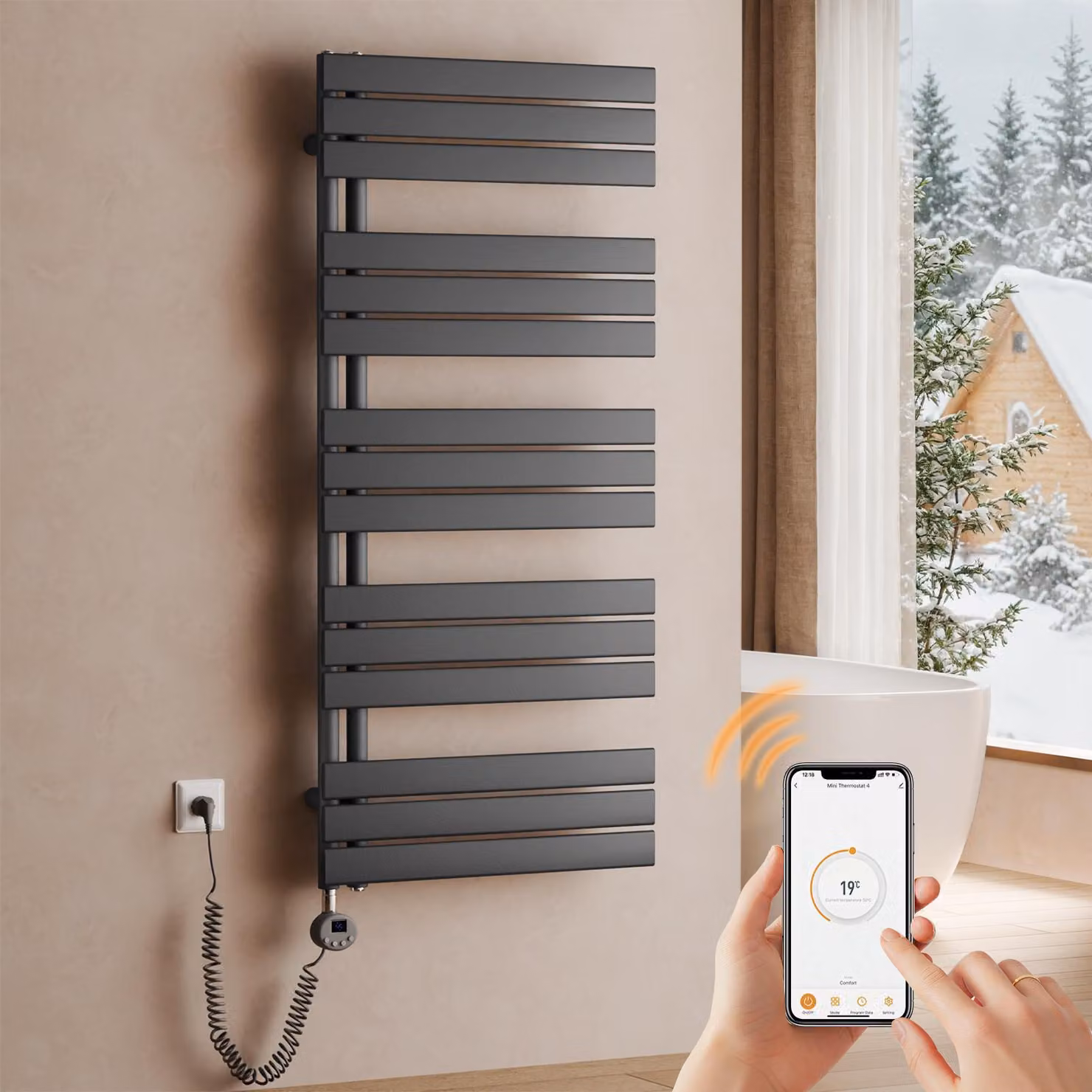 Asciugamano elettrico da parete, dimensioni 1320 x 600 mm, 800 W, colore antracite, radiatore per bagno con termostato, Wi-Fi, timer e display LCD – S'AFIELINA