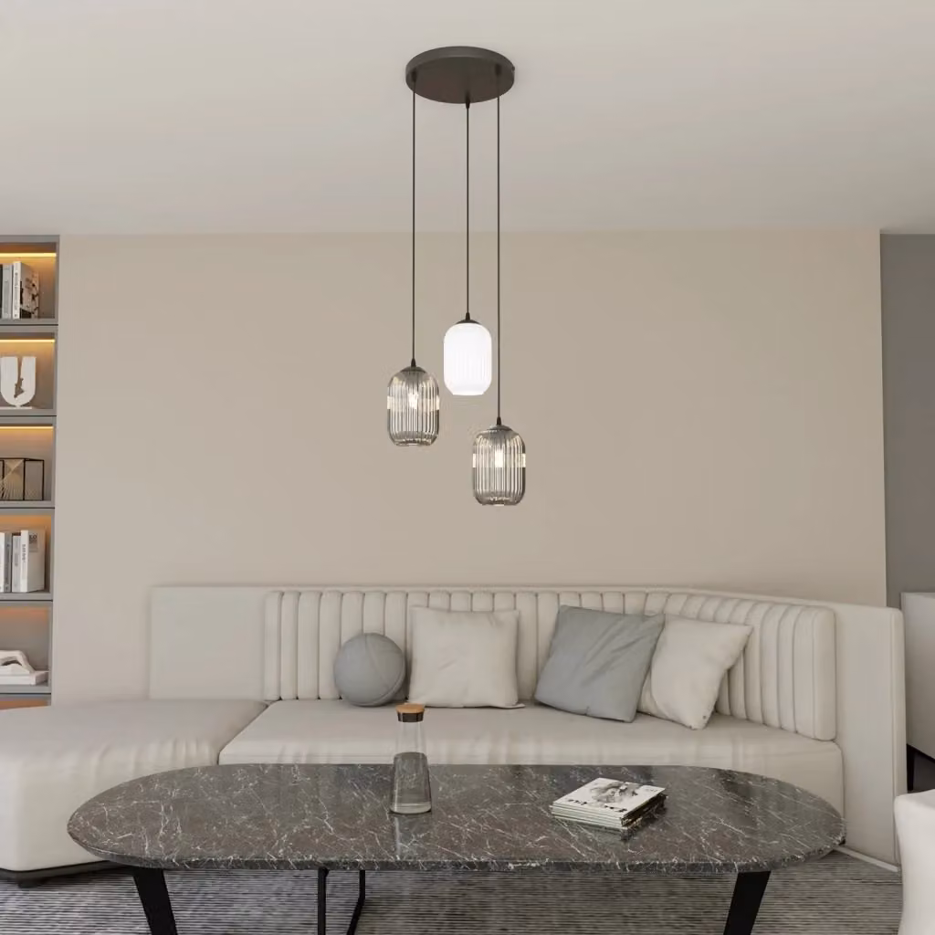Lampadario a sospensione Luceart-Classic con 3 luci, base tonda in acciaio nero e vetri plissettati bianchi e fumè, altezza regolabile – 2