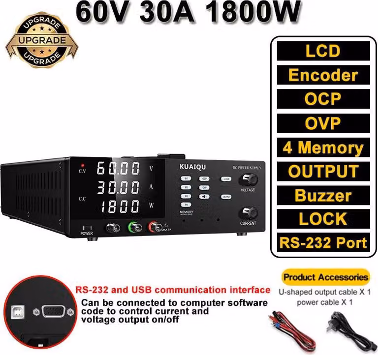 Alimentatore da laboratorio DC programmabile - Alimentatore switching 0–60V 0–30A - Tensione e corrente regolabili - Protezione OVP/OCP - Interfaccia RS-232 USB - Ingresso 220V