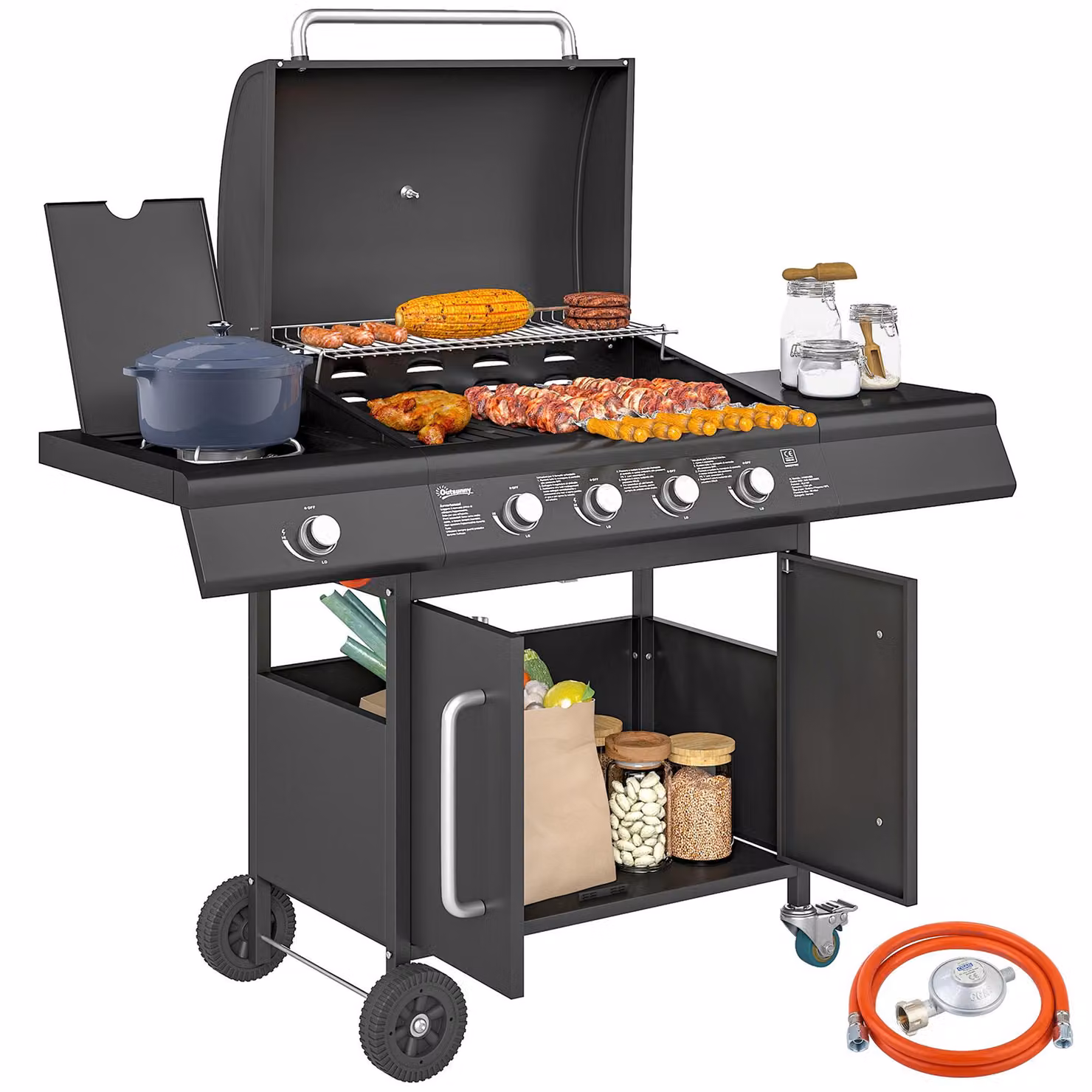 Outsunny barbecue a gas 15,2 KW carrello barbecue incl. 5 bruciatori in acciaio inox rotolo fornello laterale