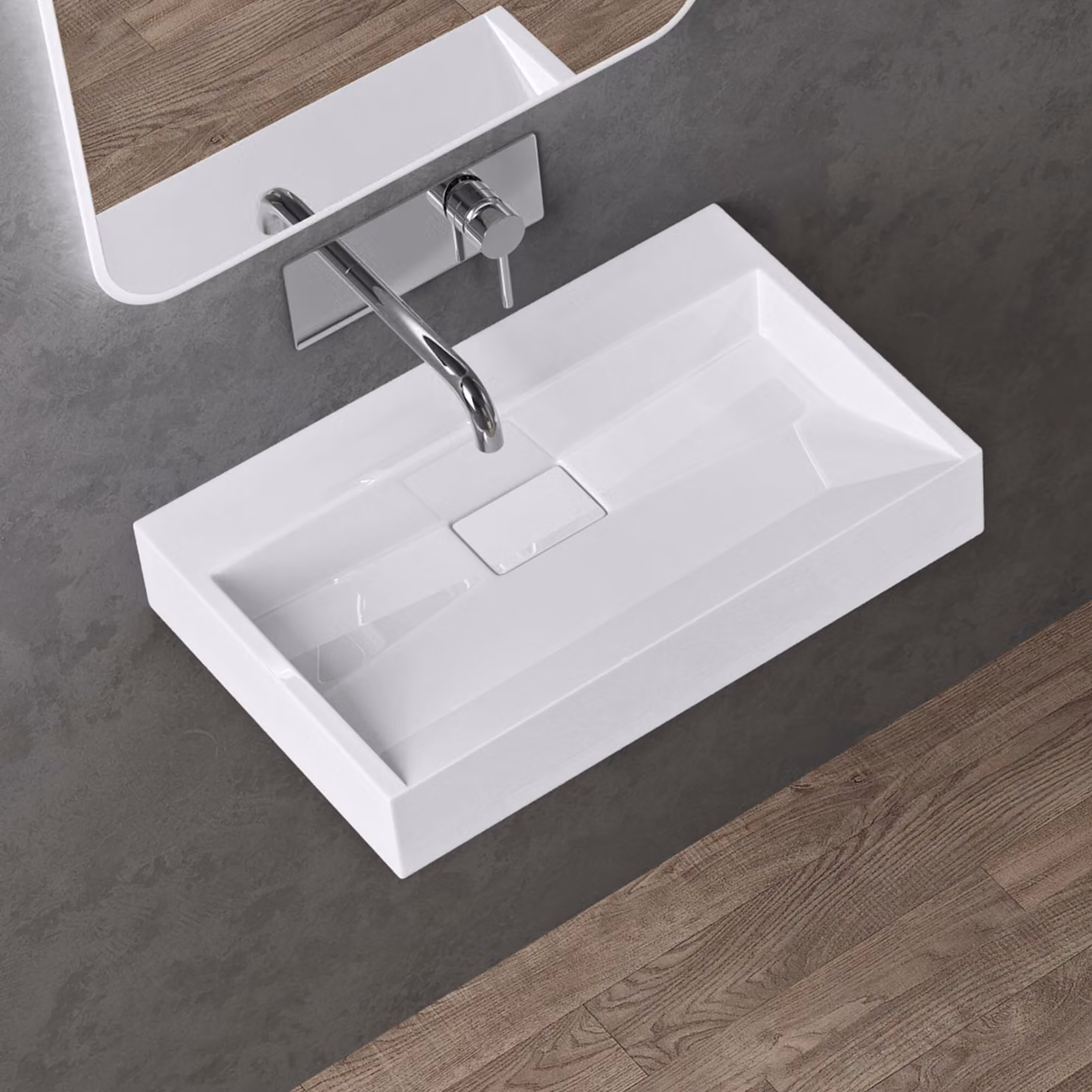 doporro Lavabo da Appoggio Bagno Sospeso Lavandino Rettangolare in Marmoresina con Piletta di Scarico Inclusa Colossum19, 60x38x11 cm Bianco Lucido Senza Foro per Rubinetto