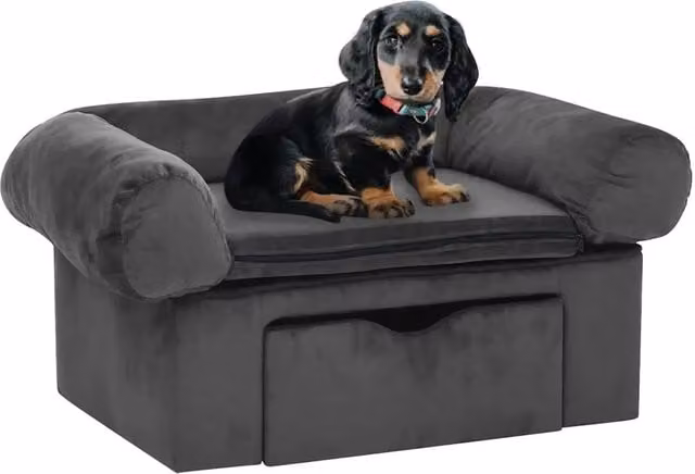 Divano per cani vidaXL con cassetto in legno e rivestimento in tessuto grigio, L: 75 cm, P: 50 cm, H: 38 cm