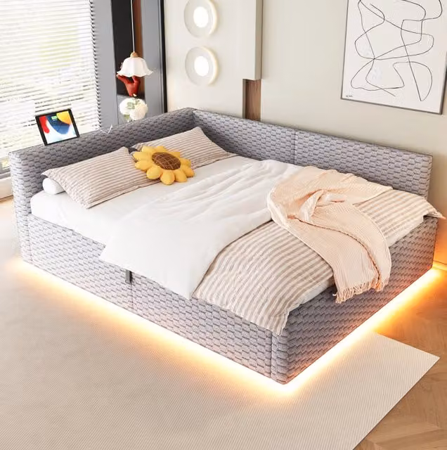 Letto imbottito ULEVR 140x200 cm con contenitore idraulico, LED, USB e Type-C, velluto grigio