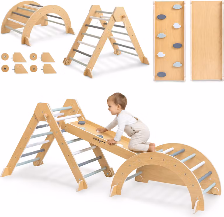 Grande parco giochi Montessori in legno per la casa - triangolo Pikler, arco di arrampicata, scivolo a 2 lati e parete di arrampicata | Mamabrum