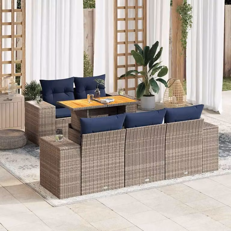 Set Divano da Giardino vidaXL 6 Pezzi a Forma di L con Cuscini Grigio e Blu in Polyrattan e Acciaio