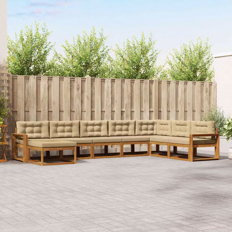 vidaXL Set di divani da esterno a L in legno di acacia con pouf e cuscini, Beige e Marrone