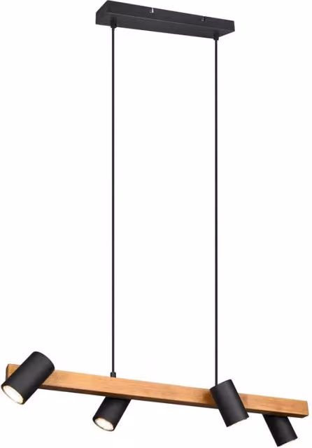 Lampadario a sospensione Marley Trio Leuchten nero e legno con 4 luci GU10, altezza regolabile: H 150 cm – 1