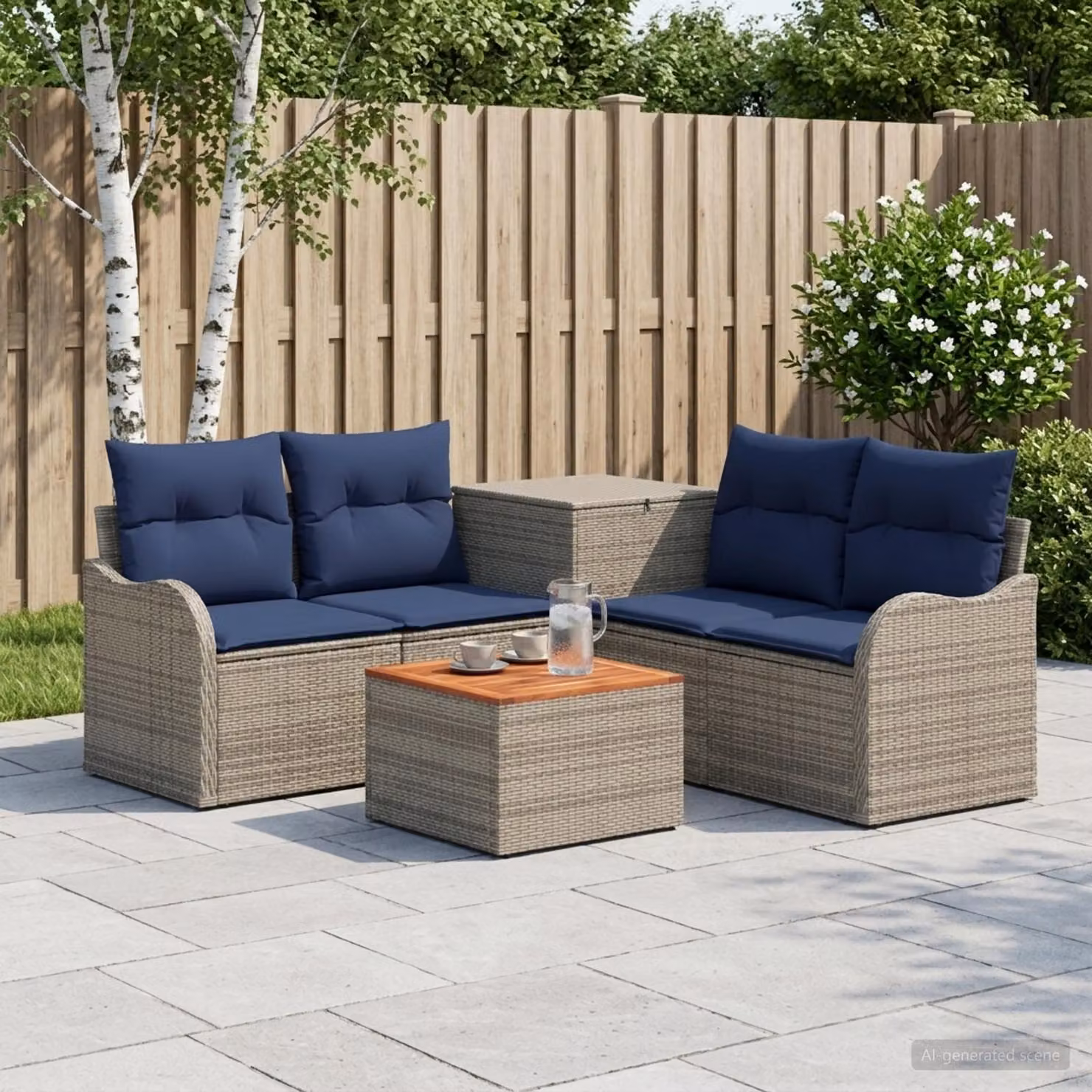 Set di divani da giardino vidaXL in rattan e acciaio, 6 pezzi, colore grigio e blu navy, con elementi angolari, divani a 2 posti, tavolino e cuscini inclusi