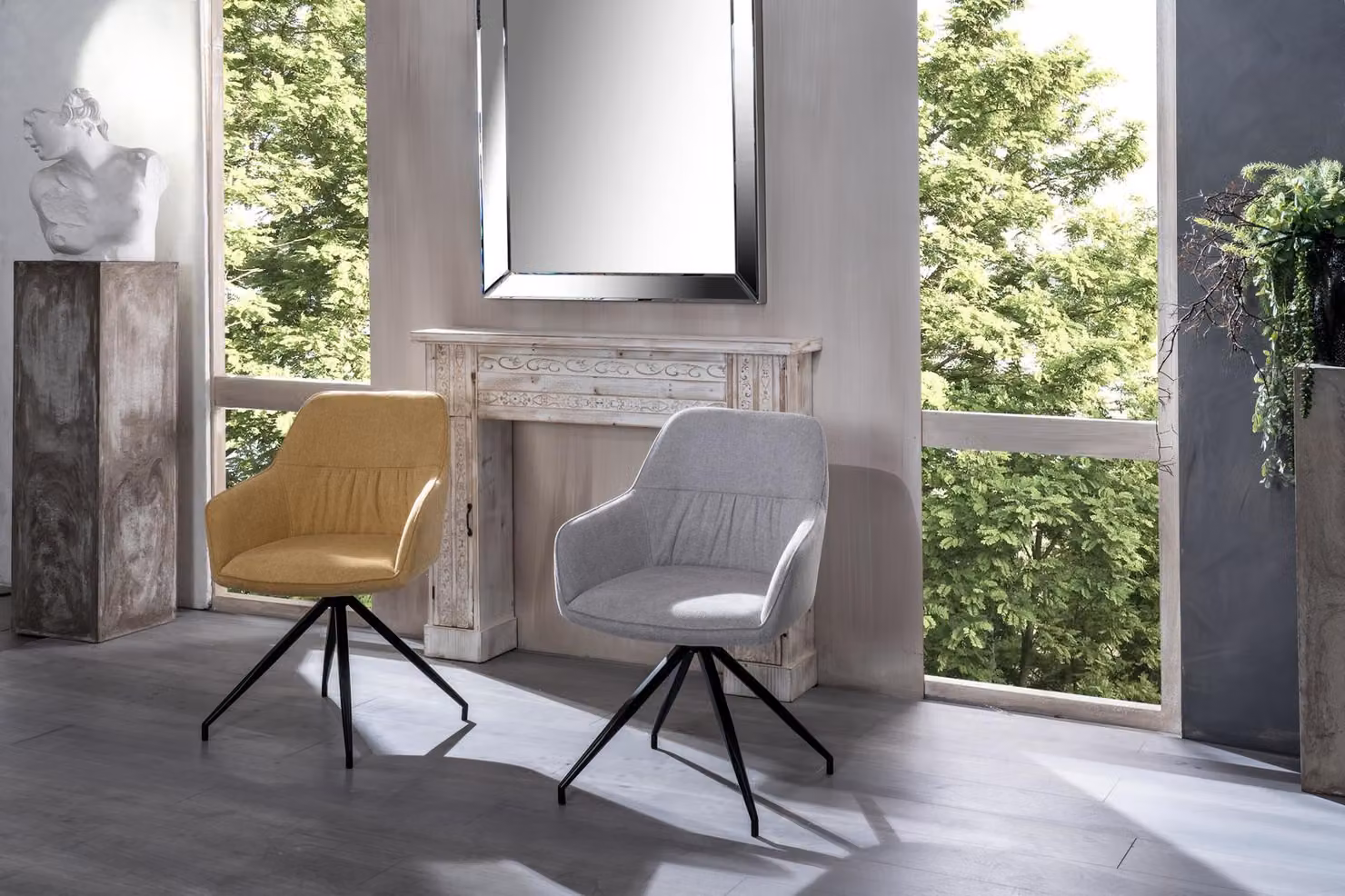Sedia da pranzo girevole E-Stylo con design moderno a conchiglia, rivestimento in tessuto giallo e struttura in metallo nero, L/P: 56 x 56 cm, H: 87 cm – 2