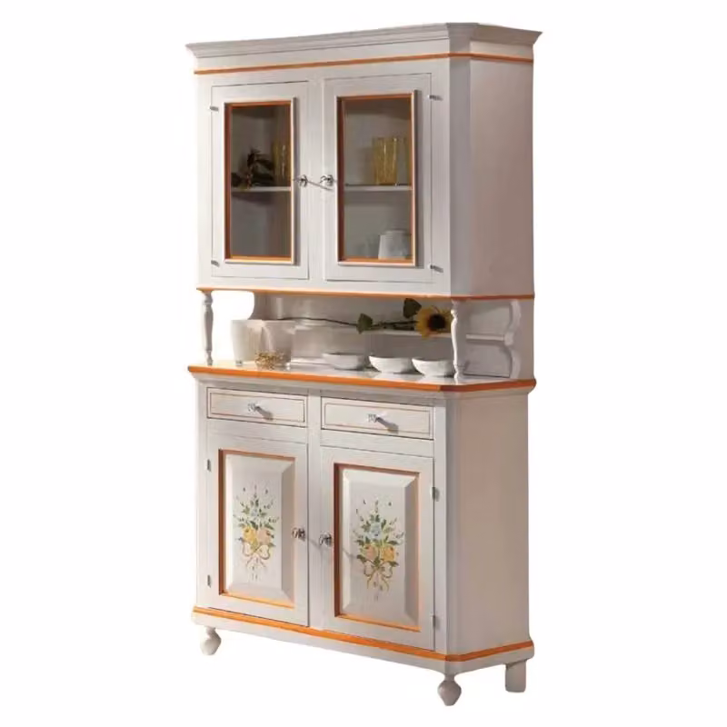 Cristalliera napoletana Mobili 2G in legno stile shabby chic bianco con decori floreali L/P/H: 104 x 43 x 208 cm – 1