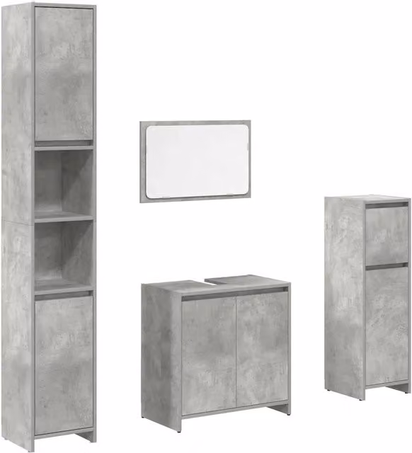 Set Mobili da Bagno Moderno Grigio con Mobile Lavabo, Armadietto Specchio e Colonna in Legno e Vetro