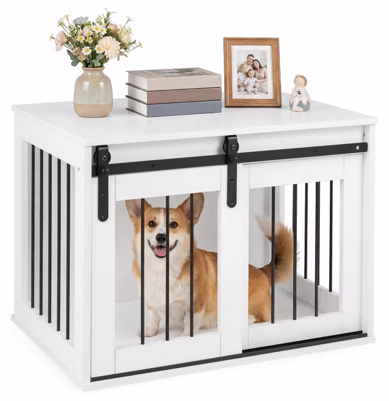COSTWAY Gabbia per cani, gabbia robusta da 80 cm con porta scorrevole in stile rustico, struttura in metallo, mobile per cani in legno, tavolino laterale decorativo bianco