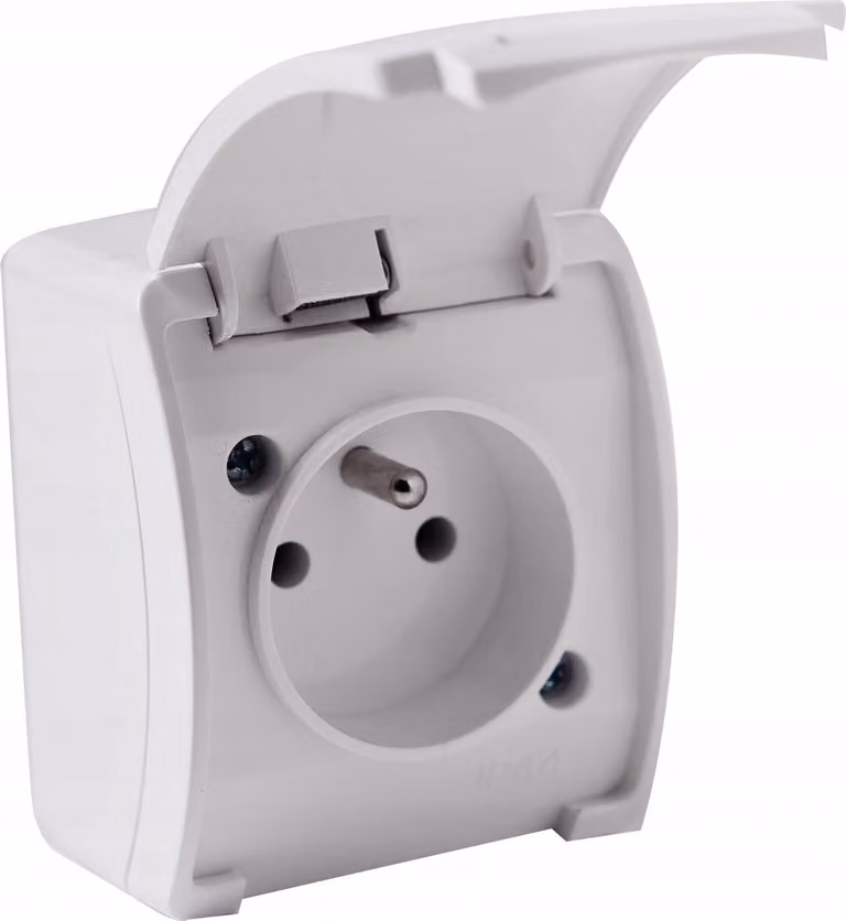 Prese di corrente da superficie Presa di corrente IP44 Sistema francese + coperchio a cerniera 161-01 bianco DV