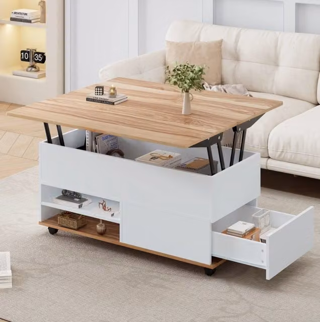 Tavolino trasformabile 100x98x65 cm con sollevamento idraulico, cassettiera, ripiani e ruote, bianco e legno naturale