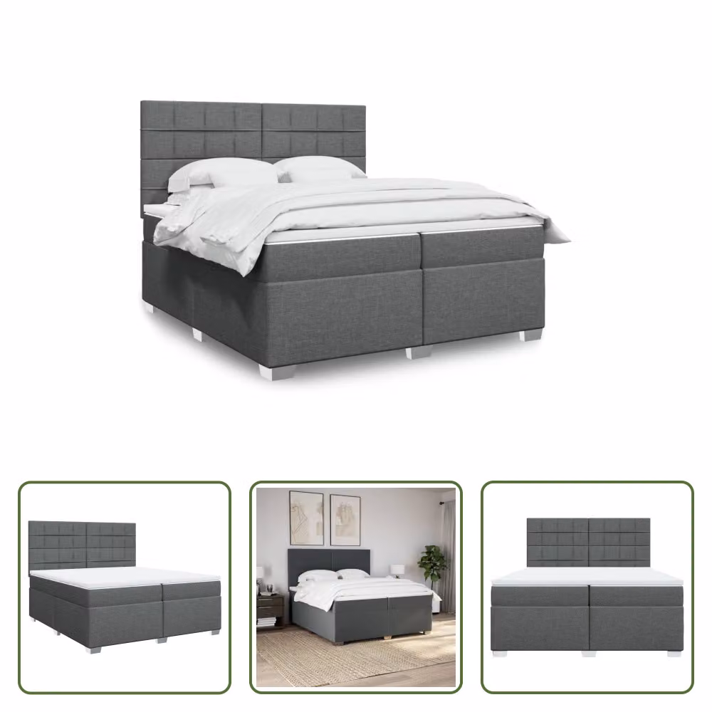 The Living Store Letto a molle con materasso grigio scuro 200x200 cm in tessuto