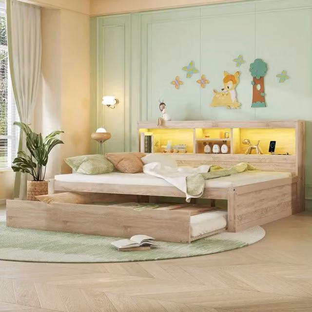 Letto a parete estraibile REDOM in legno naturale con illuminazione LED, prese USB e ripiani laterali, L 140 x P 200 cm