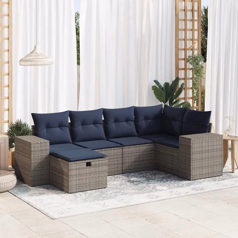 Set Divano da Giardino vidaXL 6 pz a Forma a L con Cuscini, Polyrattan e Struttura in Acciaio, Grigio e Blu