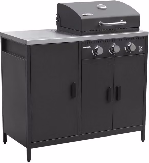 Modulo cucina da esterno in metallo con barbecue a gas a 3 bruciatori,