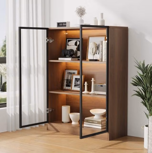 Vetrina MODFU con ante in vetro e illuminazione LED integrata, colore marrone, L: 80 cm, P: 30 cm, H: 106 cm