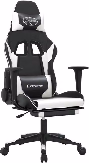 Sedia da Gaming Sportiva con Poggiapiedi e Riposatesta in Similpelle, Nero e Bianco – 1