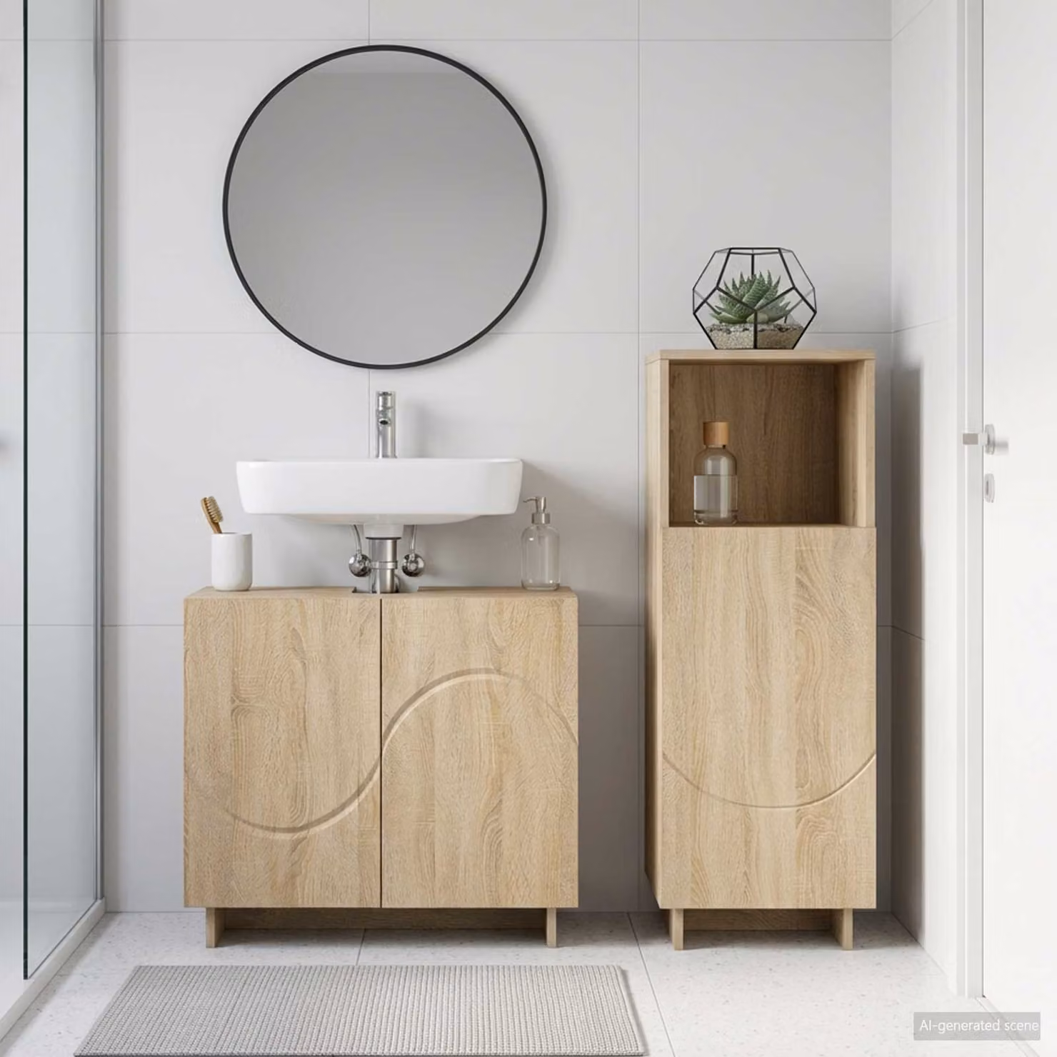 Set mobili da bagno moderno vidaXL in legno ingegnerizzato color rovere, composto da mobile lavabo e mobileto laterale, L/P/H: 60 x 41 x 58 cm e 30 x 20 x 60 cm