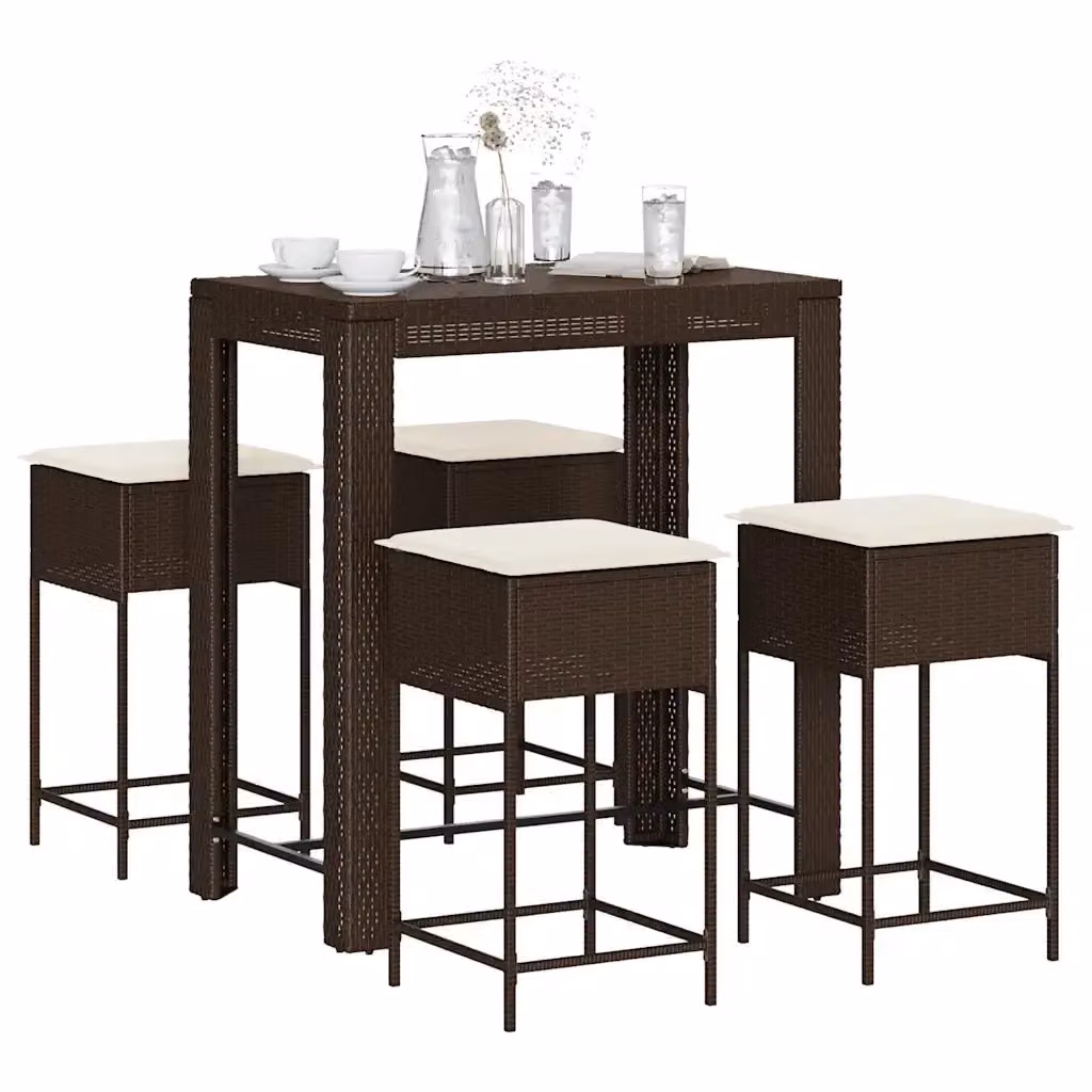 Set Bar da Giardino 5 pz in Polyrattan Marrone e Bianco con Cuscini e Design Moderno – 2