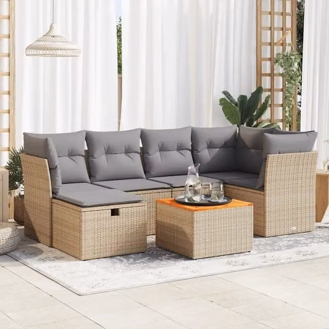 Set da giardino componibile a L vidaXL in rattan con 7 pezzi, include divani, pouf e tavolino con cuscini beige e struttura in acciaio e legno di acacia