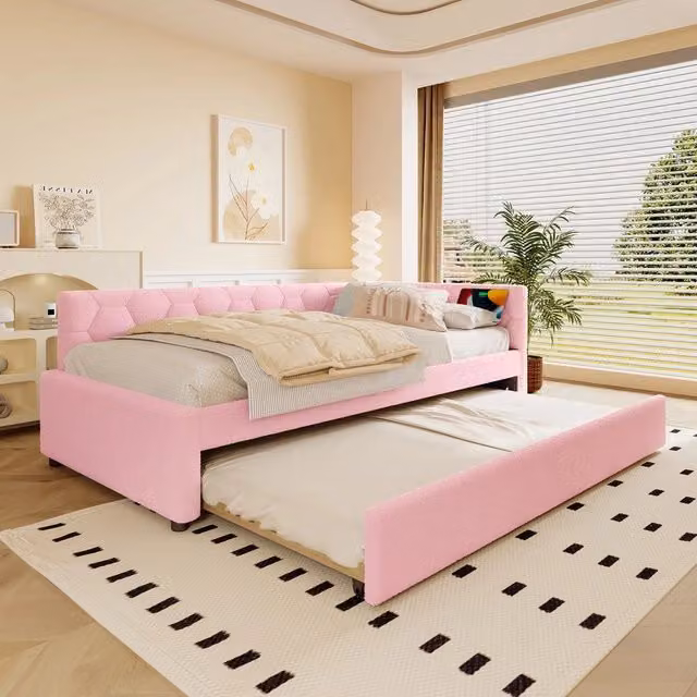 Letto Singolo con Divano e Rete a Doghe ¨C MINIMAL ¨C Rosa, Tessuto, 90x200