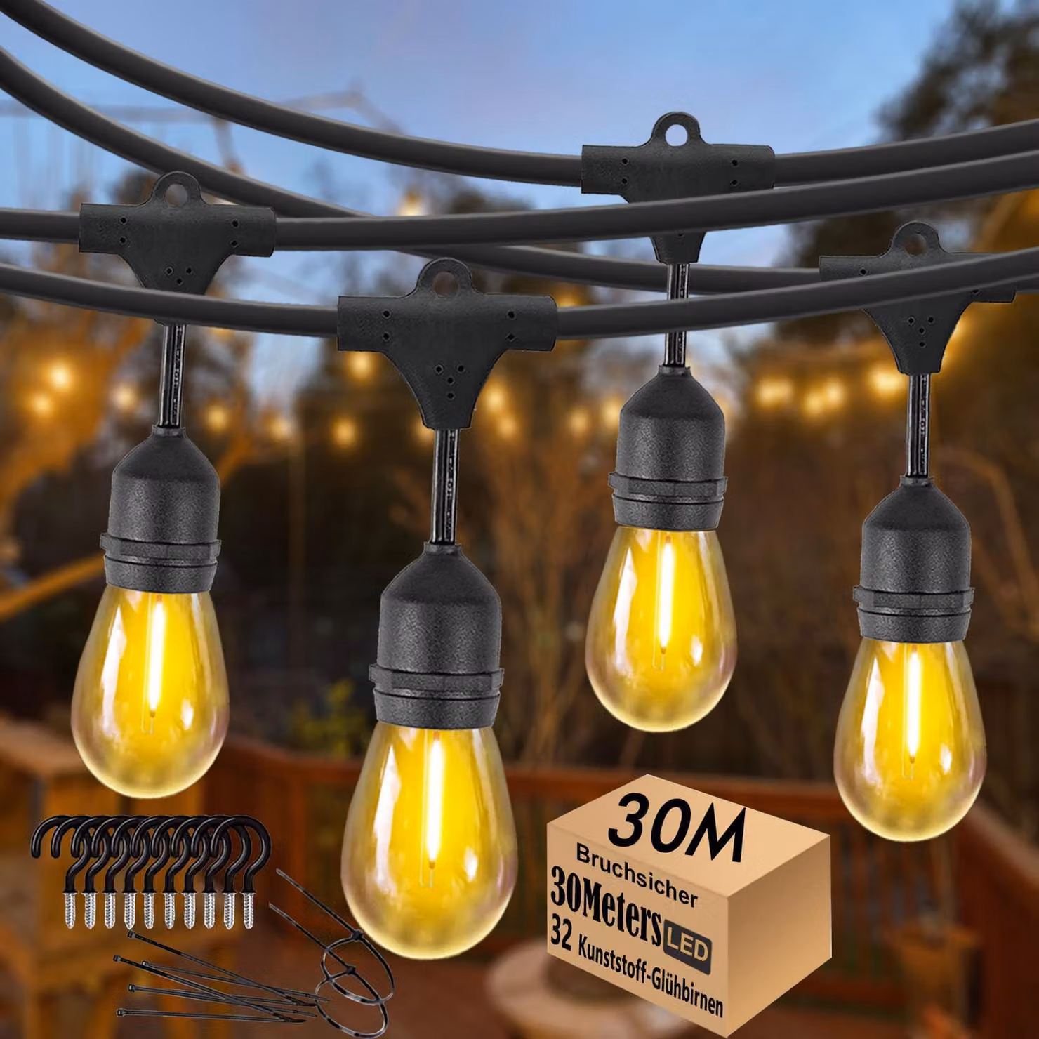 Catena luminosa a LED, 30 metri, attacco S14, portalampada E27, grado di protezione IP65, luce bianco caldo, 30 luci + 2 luci di ricambio