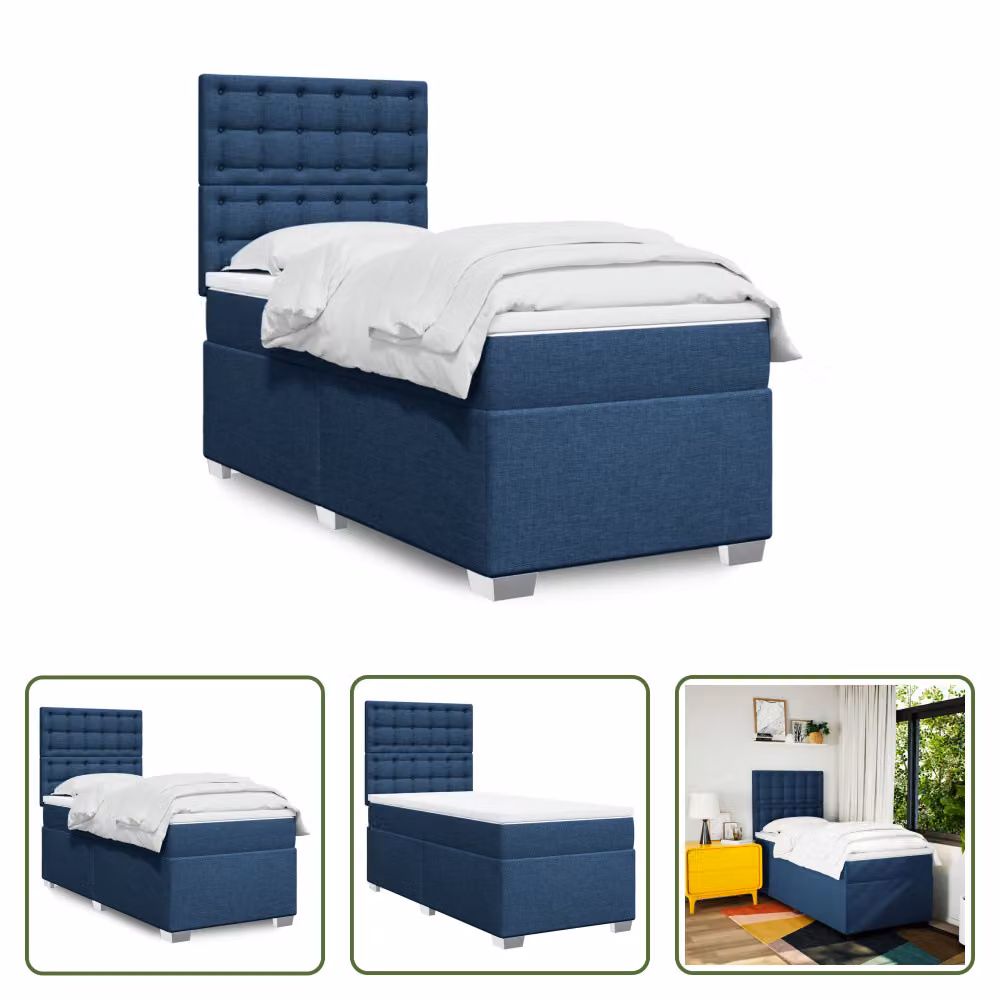 The Living Store Letto a molle con materasso blu 100x200 cm in tessuto