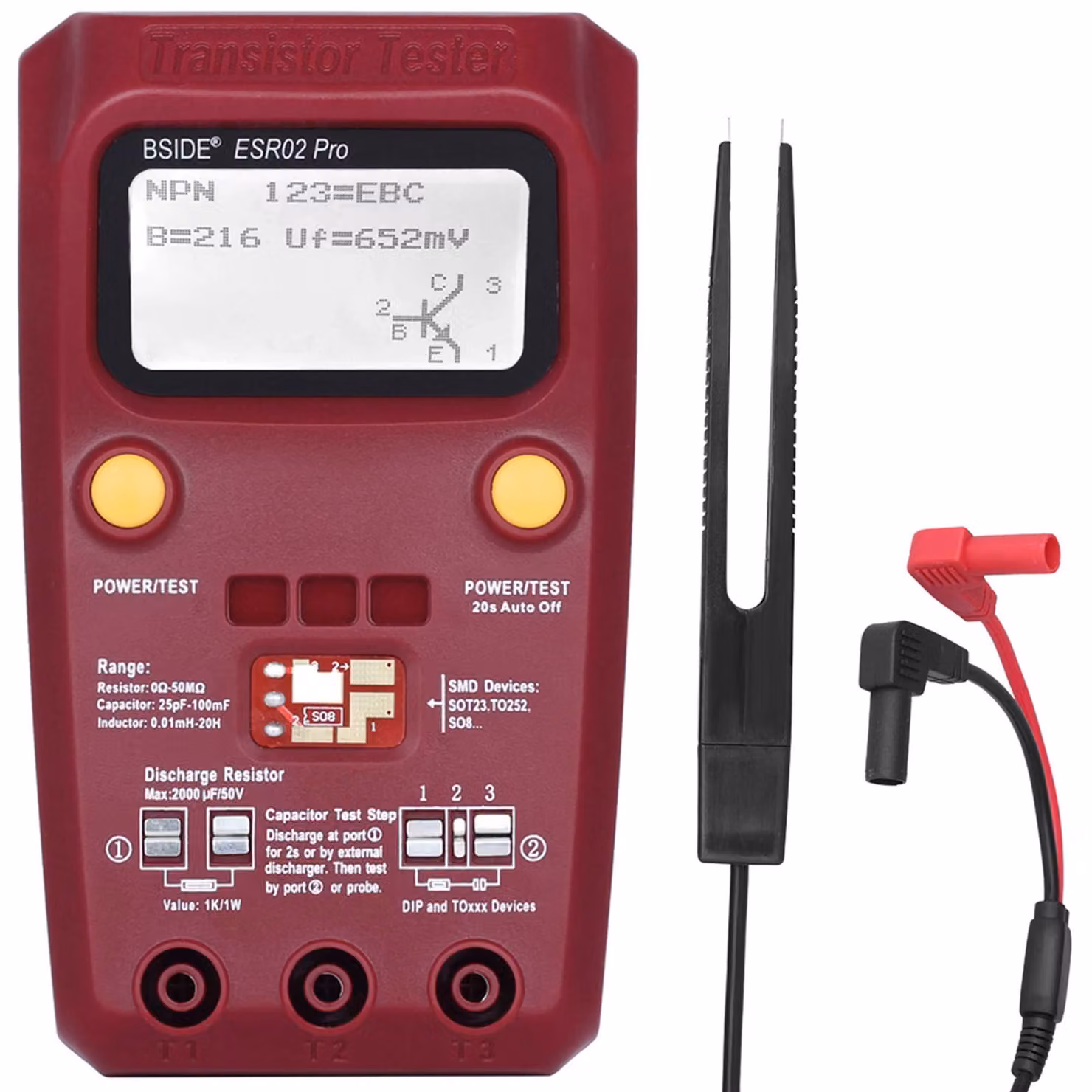 Tester per transistor ESR02 Pro, completo di pinze, con microcontrollore Mega328, compatibile con transistor NPN/PNP, per la misurazione dell'ESR (Resistenza Serie Equivalente)