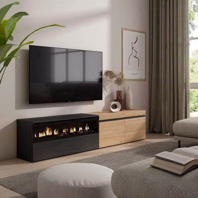 Mobile TV, 200x35x45cm, soggiorno, Per TV fino a 80", Camino elettrico, colore Rovere e nero RF2253