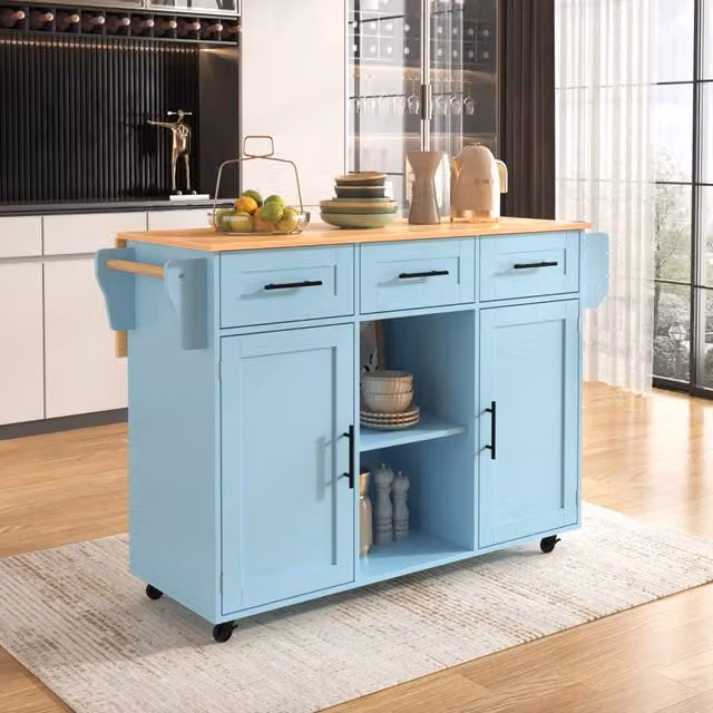 Carrello da cucina con piano ribaltabile e 3 cassetti, 3 vani con ripiani regolabili, blu, 139 × 46(71) × 91,5 cm