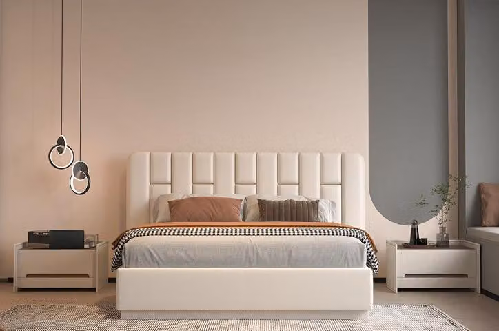Luxus Beige Bett mit Gestepptem Kopfteil Modernes Design für Schlafzimmer