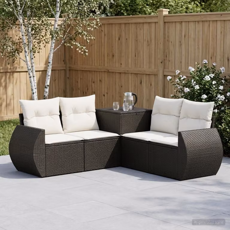 Set di divani da giardino vidaXL a forma di L in polyrattan nero e bianco con cuscini inclusi