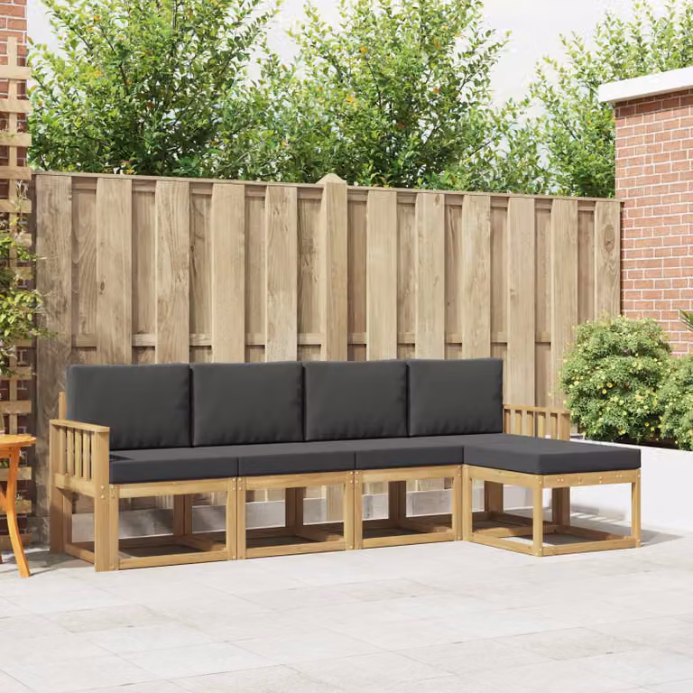 vidaXL Set di divani da esterno a L in legno di acacia con pouf, Bianco e Antracite