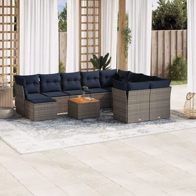 Set di divani da giardino vidaXL in polyrattan grigio con 11 pezzi, inclusi cuscini e tavolino da caffè, design moderno a forma di U per terrazza e balcone