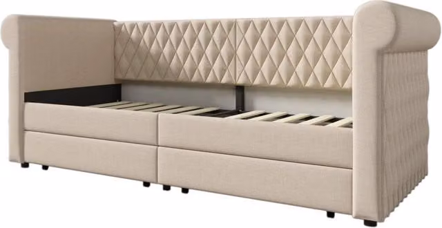 Letto con testiera vintage imbottita 90x200 cm con 2 cassetti contenitori, struttura in legno e lino beige senza materasso