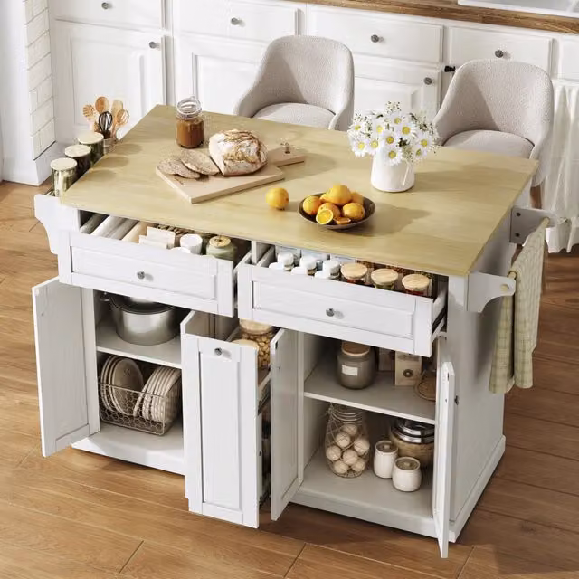 Carrello da cucina con piano ribaltabile, 4 cassetti, portaspezie e portasciugamani, per cucina, in MDF bianco e naturale