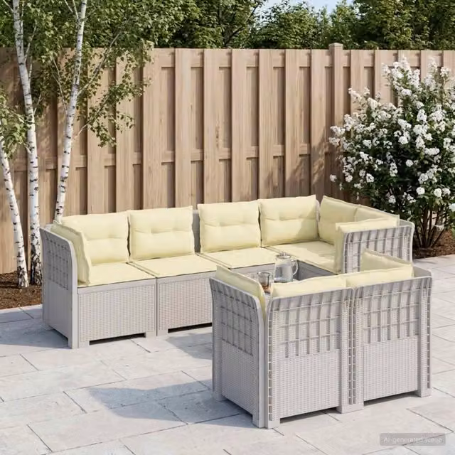 Set da giardino a forma di U con 7 posti vidaXL in polyrattan bianco con cuscini inclusi e coperture rimovibili